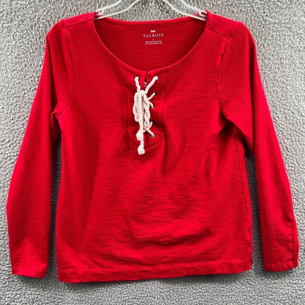 Talbots Womens Cotton Lace Up Henley Top S Minimalist Casual Capsule Everyday
